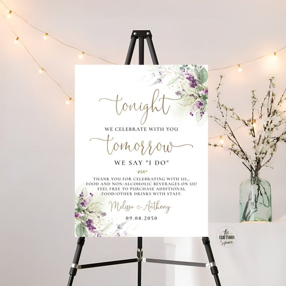 Greenery Purple Rehearsal Dinner Welcome Sign, The night before, Lavender Green Lavender Wedding Rehearsal Sign, Lilac Wedding Sign, GPU