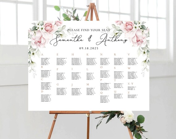 Blush pink roses Wedding seating chart, Wedding seating chart alphabetical, Wedding seating chart table, Blush Wedding Seating Chart, A2