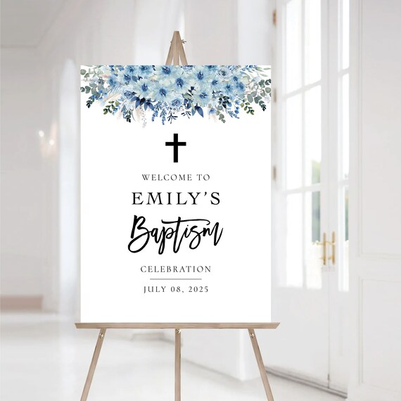 Blue boho baptism welcome sign, Baptism sign, First Holy Communion, Quinceañera Welcome Sign, Quinceanera Sign, Baby shower sign