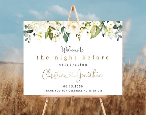 White Roses The Night Before Welcome Sign, Wedding Rehearsal Sign, Wedding Rehearsal Decoration, Cream Roses, Wedding Decorations, WR2