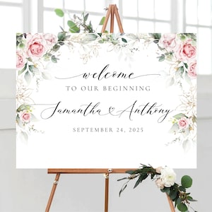 Panneau de bienvenue de mariage rose poudré, panneau de bienvenue de mariage verdure, panneau de bienvenue de mariage numérique, panneau de répétition, eucalyptus, décoration de mariage, BG3