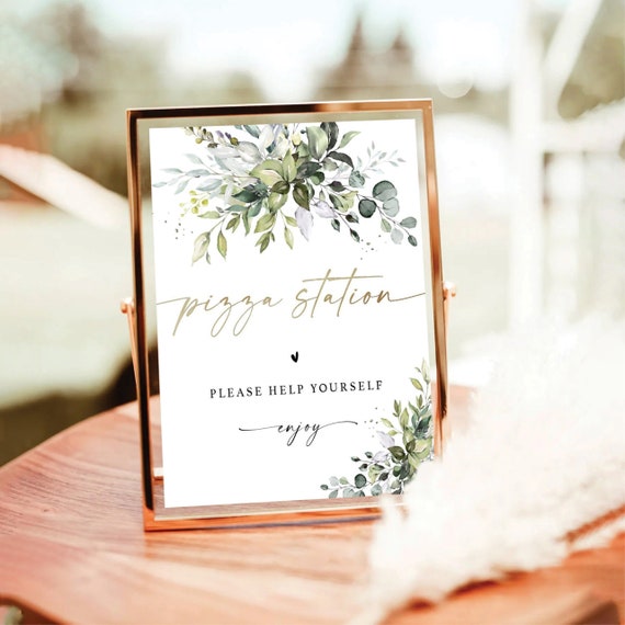 Greenery Pizza Station Sign, Snack Bar Sign, Wedding Food Table Sign, Engagement Party, Baby Bridal Shower Sign, Herbal, Eucalyptus, HB2