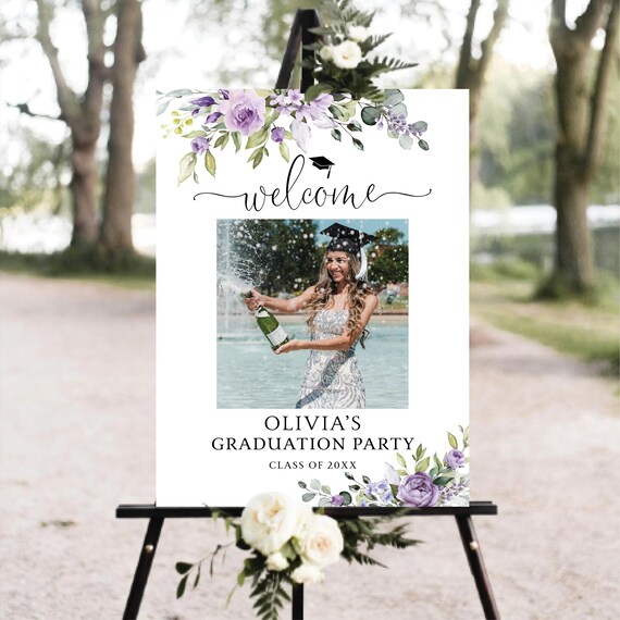 Purple Floral Graduation Welcome Sign, Violet Flowers and Greenery, Photo Grad Party (Digital Printable)