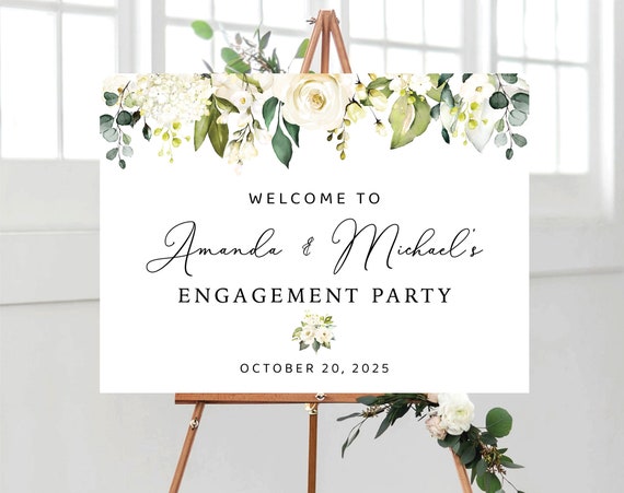 White roses Engagement party Welcome Sign, Greenery Engagement Party Decor, We are engaged, Bohemian, Eucalyptus, Cream roses, WR2
