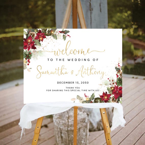 Christmas Wedding Welcome Sign, Winter Wedding Sign, Holiday wedding Sign, Rustic wedding sign, Poinsettia and Lights, Wedding Decor, CRM6