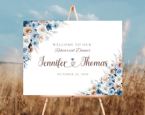 Rehearsal Dinner Sign, Blue Boho Wedding Rehearsal Sign, Wedding Rehearsal Sign, Wedding Welcome Sign, Bridal Shower
