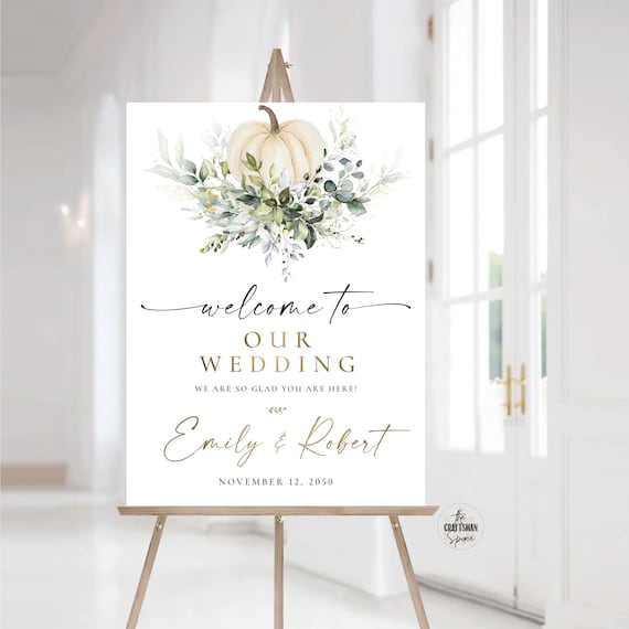 Pumpkin and Greenery Wedding Welcome Sign, Autumn Wedding Sign, Winter Wedding Rehearsal , Fall in love Wedding Decorations, Eucalyptus, GP1