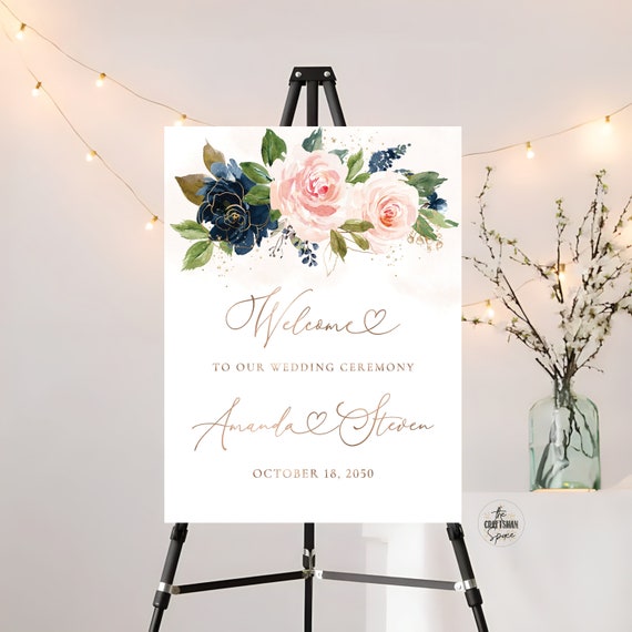 Navy & Blush Pink Floral Wedding Welcome Sign, Wedding Reception Sign, Wedding Decoration, Boho Wedding Sign, Bohemian, Blush and Navy, NB1