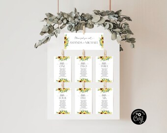 Sonnenblumen-Hochzeits-Sitzplan Vorlage: Eukalyptus-Design, bearbeitbar (Digitaler Download)