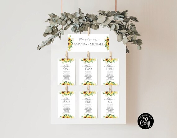 Sunflower Wedding Seating Chart Cards Template, Hanging Seating Board, Seating Plan, Table Seating Chart, Eucalyptus Card template, SF1