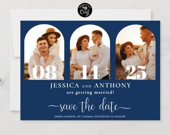 Navy blue Save The Date Card with Multiple Photos, Minimalist Save The Date Template, Save The Date Announcement Card, Editable, Corjl, M1