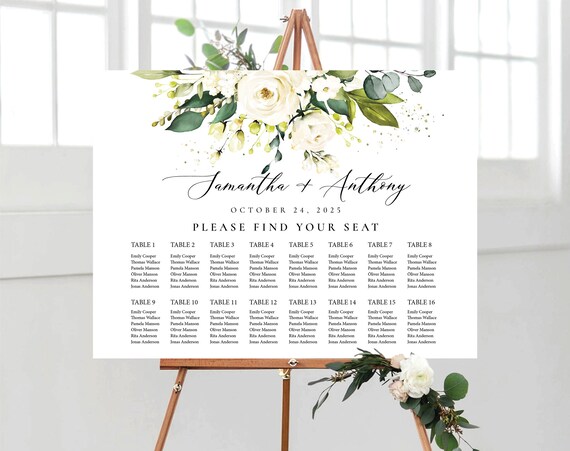 White roses Wedding seating chart, Wedding seating chart alphabetical, Wedding seating chart table, Cream roses Wedding Seating Chart, WR1