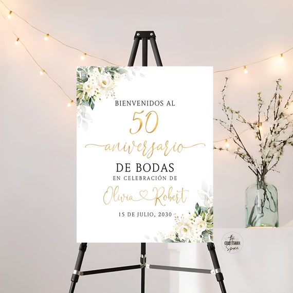 Bienvenidos al 50 Aniversario de Bodas, 50th Wedding Anniversary sign, Spanish Sign, White roses 50th Anniversary decor, Eucalyptus, WR3