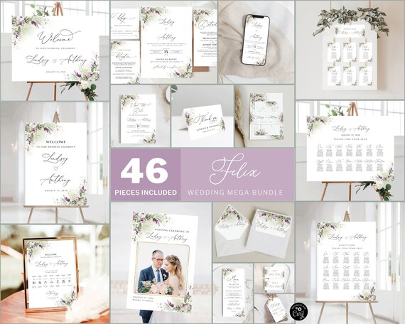FELIX Greenery Purple Wedding Mega Bundle, Wedding Invites Mega Bundle, 46 Pieces, Wedding Invitation Template, Printable, Lavender, GPU
