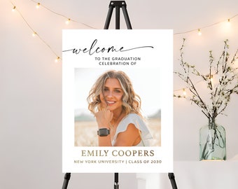 Graduation with photo Welcome Sign, Photo Graduation Poster, Gold Glitter, Graduation Decorations, Graduation Party Sign, Grad Party Sign