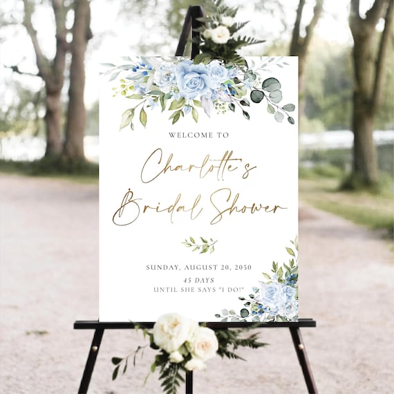 Light blue flowers Bridal Shower Welcome Sign, Greenery Wedding Shower Decorations, Botanicals Couples Shower Sign, Eucalyptus, Herbal, LB4