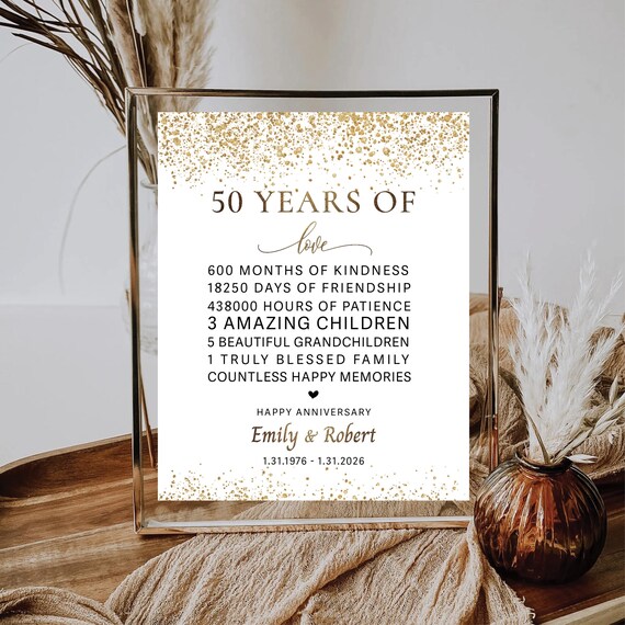 Golden 50 Years of Love Sign, Modern 50th Wedding Anniversary (Digital Printable)