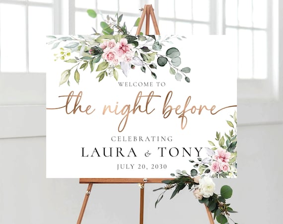 Blush pink roses The night before Welcome Sign, Rehearsal Dinner Sign, Wedding Rehearsal Sign, Wedding Sign, Greenery Welcome Sign, BG1
