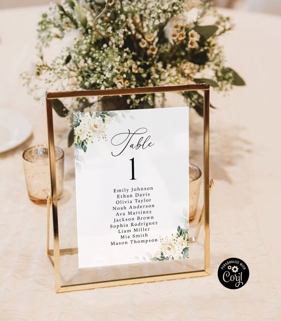 White roses Wedding Seating Chart Cards Template, Hanging Seating Board, Seating Plan, Table Seating Chart, Eucalyptus Card template, WR3