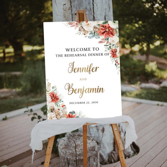 Winter Rehearsal Dinner Welcome Sign, Tis the season to be married sign, Boho red floral greenery pinecone Wedding sign, wedding Decor, GP1