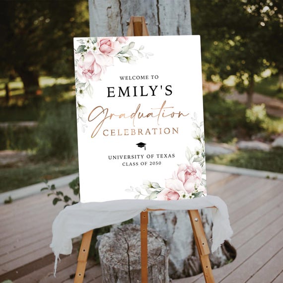 Blush Pink Roses Graduation Party Welcome Sign, Minimalist Grad Party Sign, Graduation Decorations, Boho Graduation Banner, Bohemian, A2