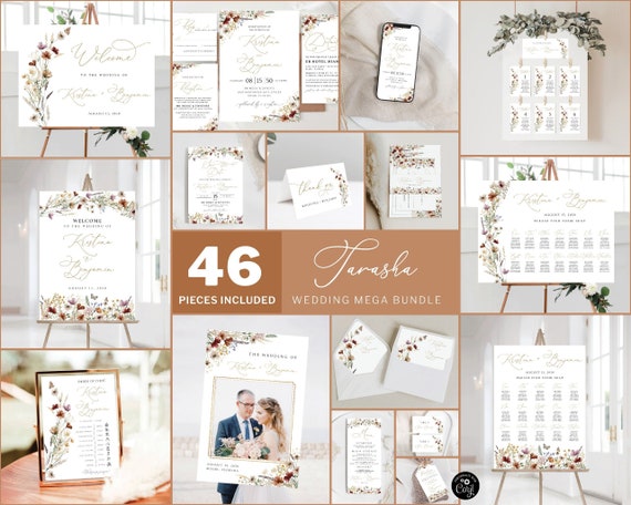 TARASHA Tiny Wildflower Wedding Mega Bundle, Wedding Invites Mega Bundle, 46 Pieces, Wedding Invitation Template, Printable, Bohemian, TIY