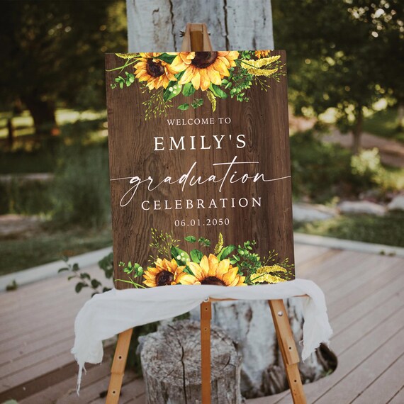 Rustic Graduation Party Welcome Sign, Wood Graduation Poster, Graduation Decor, Grad Party Poster, Sunflowers Grad Party sign, Eucalyptus