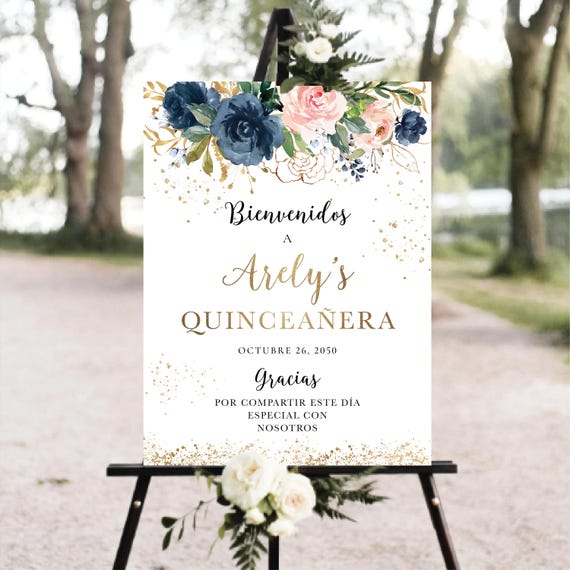 Navy Blush Pink Quinceañera Welcome Sign, Quinceanera Decor, Sweet 15 Birthday Sign, Quince Anos sign, Sweet 16 sign, Mis Quince Anos, NB1