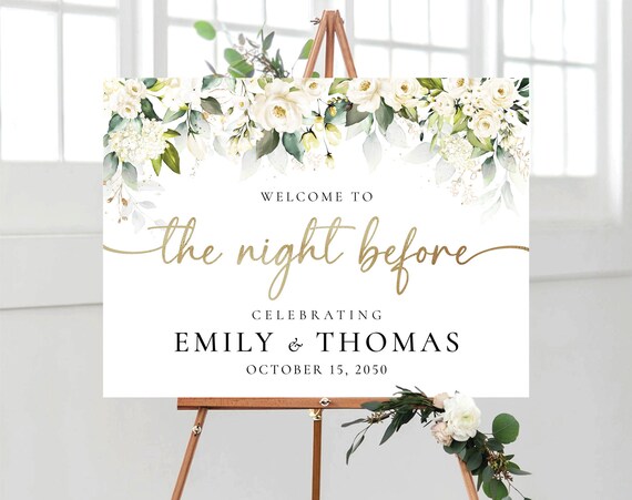 White Roses The Night Before Welcome Sign, One Day Away Sign, Best Day Ever, Wedding Rehearsal Sign, Wedding Decoration, cream roses, WR3