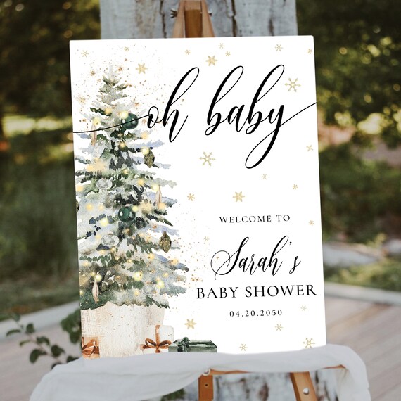 Christmas Baby Shower Welcome Sign, Winter Tree Watercolor (Digital Prinatble)