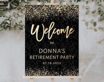 Black and Gold Retirement Party Welcome Sign: Elegant Script, Minimalist (Digital File)