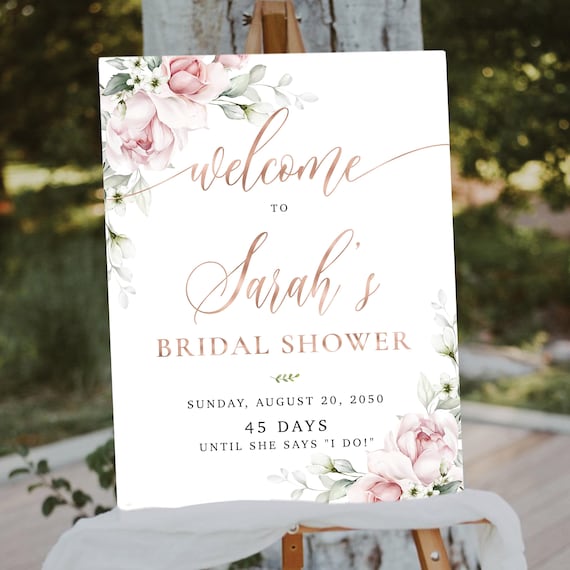 Blush Floral Bridal Shower Welcome Sign, Pink Flowers and Sage Green (Digital Printable)