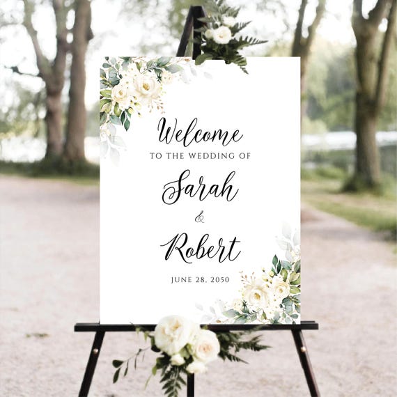 White roses Wedding Welcome Sign, Botanicals Wedding Poster, Herbal Wedding Decor, Modern Wedding Sign, Bridal Shower Sign, Eucalyptus, WR3
