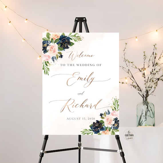 Navy & Blush Pink Floral Wedding Welcome Sign, Wedding Ceremony Sign, Wedding Decoration, Wedding Poster, Bohemian, Blush and Navy blue, NB1