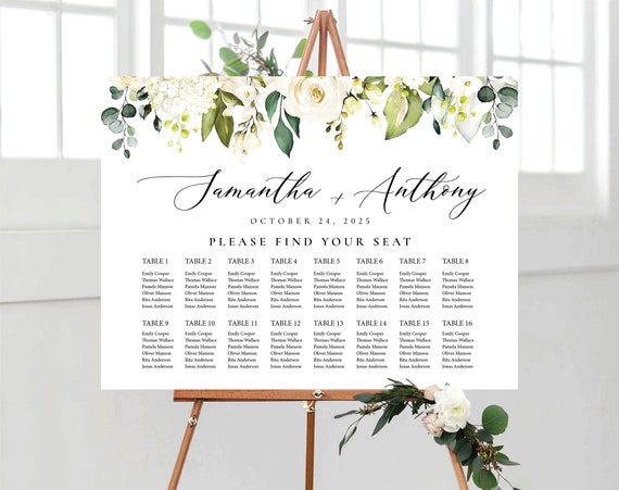White roses Wedding seating chart, Wedding seating chart alphabetical, Wedding seating chart table, Cream roses Wedding Seating Chart, WR2
