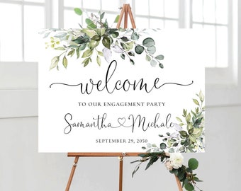 Letrero de bienvenida para fiesta de compromiso con eucalipto: Decoración de boda (imprimible)