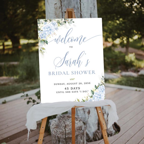Hydrangea Floral Bridal Shower Welcome Sign, Dusty Blue Flowers and Greenery (Digital Printable)