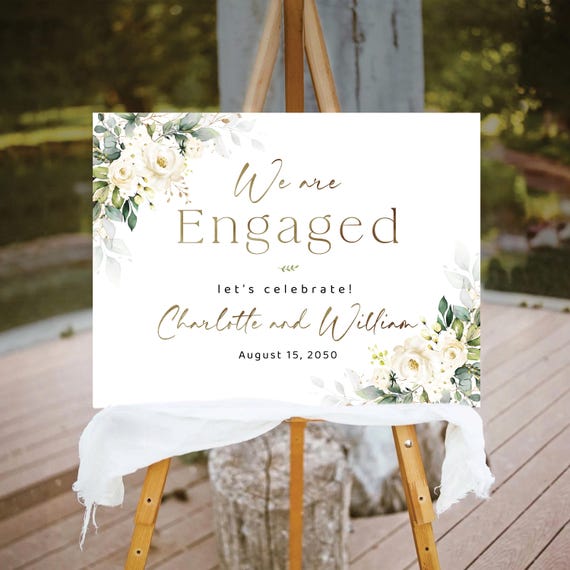 White roses Engagement party Welcome Sign, Botanicals Engagement Party Decor, Greenery We are engaged Decor, Eucalyptus, Cream roses, WR3
