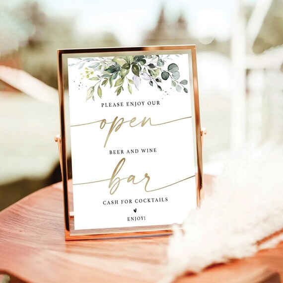 Greenery Wedding Open Bar Wine And Beer Sign, Cash Cocktails, Vow Renewal, Couples Shower, Baby Bridal Shower Sign, Herbal, Eucalyptus, HB2