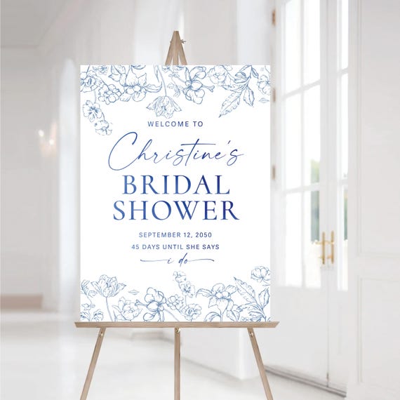 Floral Chinoiserie Bridal Shower Welcome Sign, Blue Porcelain Bridal Brunch Sign, Vintage Wedding Shower Decoration, Blue Toile de Jouy, BC1