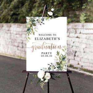 Plaque de bienvenue pour la fête de remise des diplômes, plaque de verdure pour la fête des diplômés, décorations de remise des diplômes, modifiable, bannière de remise des diplômes, eucalyptus, produits botaniques, HB2
