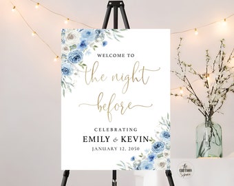 Blue Floral Rehearsal Dinner Welcome Sign: Ivory Flowers Wedding Decor (Digital File, DB1)