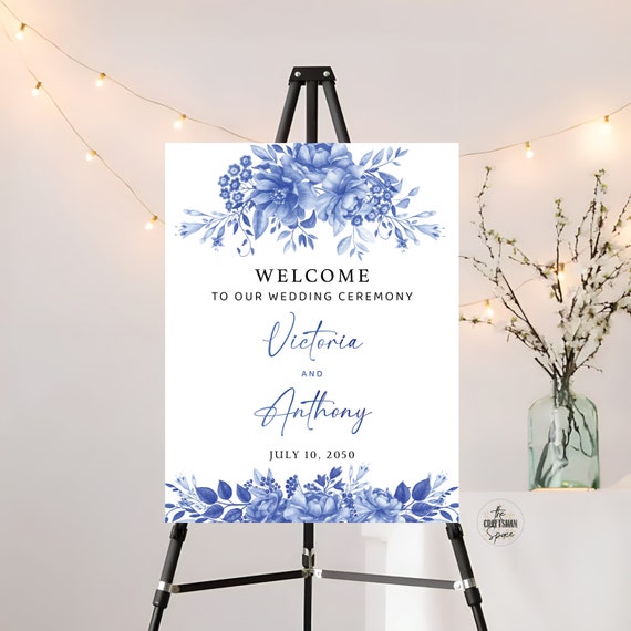 Blue Porcelain Wedding Ceremony Welcome Sign, Floral Chinoiserie Wedding Sign Printable, Wedding Decorayions, Watercolor Flower Wedding, BP3