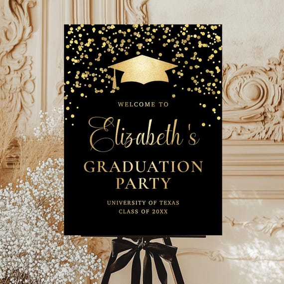 Modern Graduation Welcome Sign, Elegant Grad Party Decor, Black and Gold (Digital Printable)