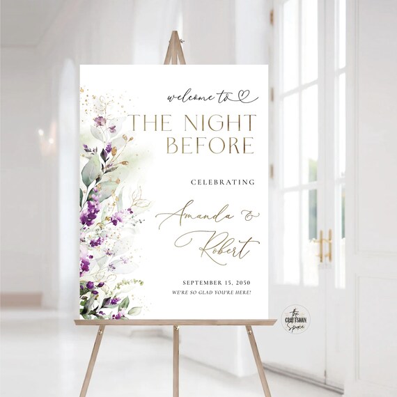 Greenery Purple Rehearsal Dinner Sign, One Day Away Welcome Sign, The night before Sign, Wedding Decoration, Lilac Lavender floral, Boho,GPU