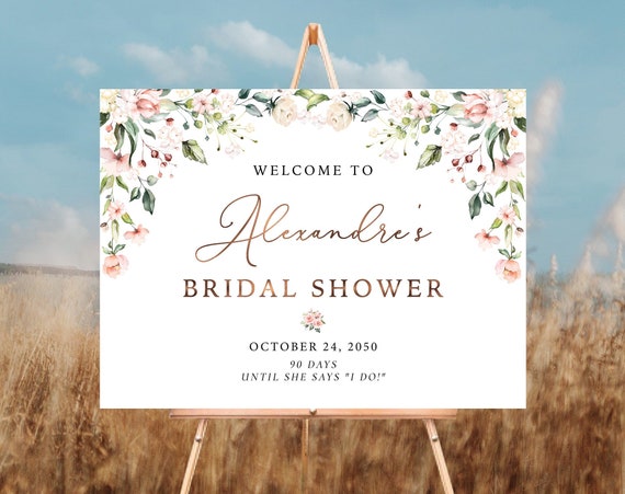 Sunny Floral Bridal Shower Sign, Bridal Brunch Shower Welcome Sign, Couples Shower Poster, Eucalyptus, Blush Pink Roses, HERSU6