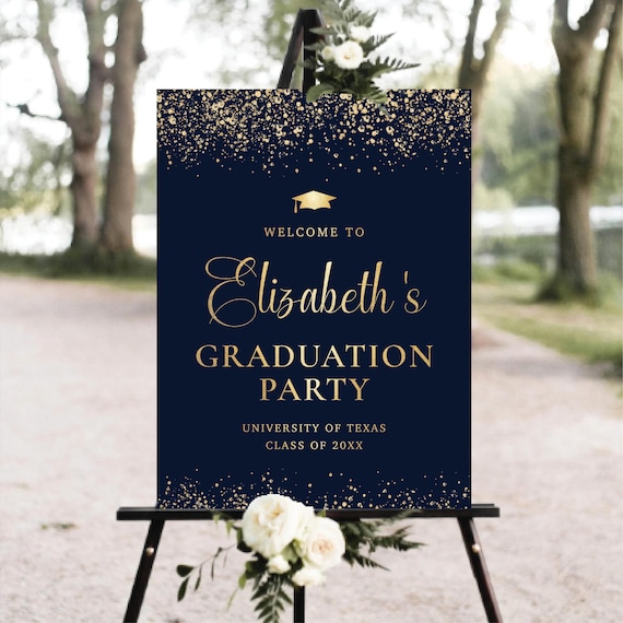 Graduation Party Welcome Sign, Minimal Grad Celebration Decor, Navy and Gold (Digital Printable)