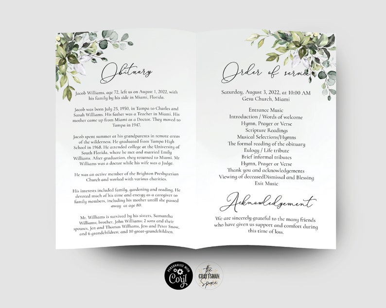 Greenery Celebration Of Life Program, Funeral, Obituary, Memorial Prayer Card, Word, Men, Women, Order Of Service, Corjl, 100% Editable, HB2 image 6