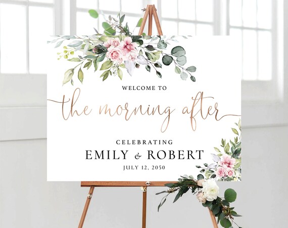 Blush pink roses Welcome to the Morning After Sign, Modern Wedding Sign, Wedding Brunch Sign, Elegant Wedding Sign, Poster, Herbal, BG1