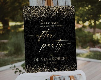 Puede incluir: Un cartel negro y dorado para una fiesta posterior a la boda con purpurina dorada y diseños florales blancos. El cartel dice "Bienvenido a nuestra fiesta posterior a la boda" con los nombres Olivia & Robert y la fecha 08.15.2020.